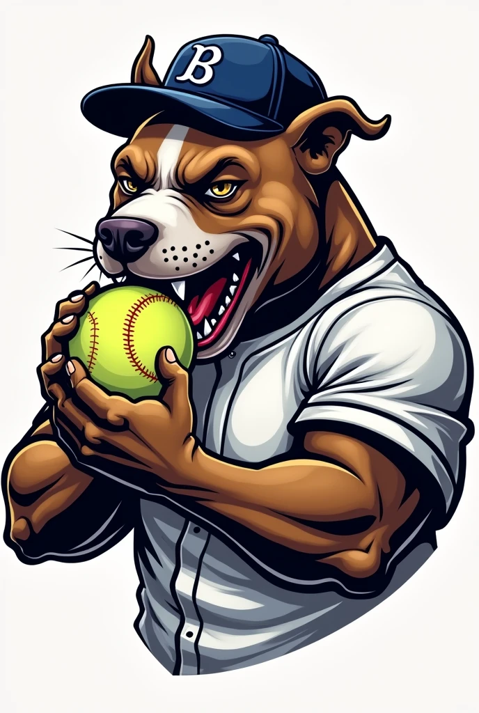 Logo of a muscular pitbull biting a softball and wearing a baseball uniform 