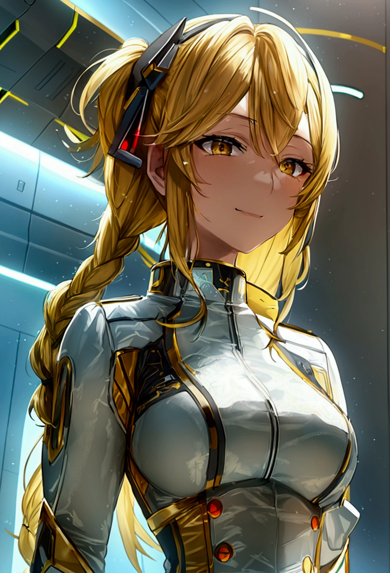 a beautiful detailed portrait of Kudelia Aina Bernstein from Gundam IBO, yellow blonde hair in single thigh-length braid, 1/4 walking right pose, viewing from slightly below, smirking facial expression, dress lifted revealing tight white thigh high boots and a glimpse of red thong underneath, round hips, highly detailed, intricate details, cinematic lighting, spaceship hangar Bay interior