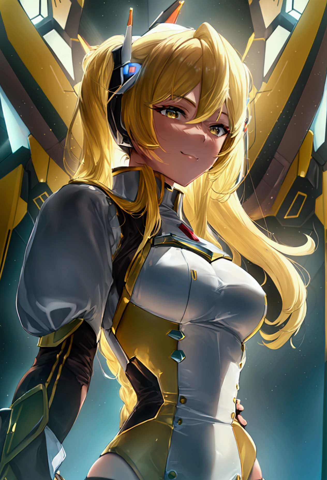 a beautiful detailed portrait of Kudelia Aina Bernstein from Gundam IBO, yellow blonde hair in single thigh-length braid, 1/4 walking right pose, viewing from slightly below, smirking facial expression, dress lifted revealing tight white thigh high boots and a glimpse of red thong underneath, round hips, highly detailed, intricate details, cinematic lighting, spaceship hangar Bay interior