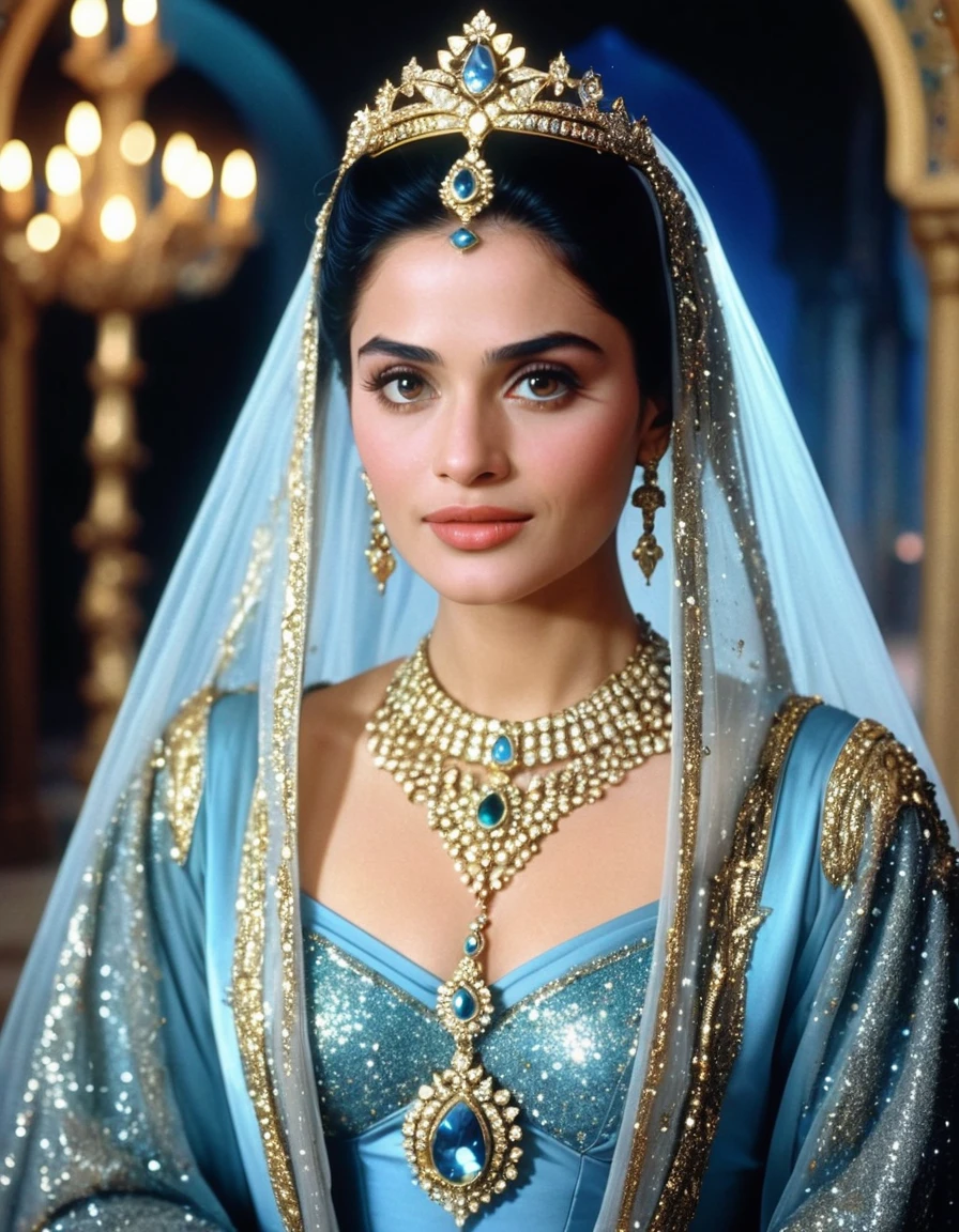 celestial and charming and beautiful and elegant Hazrat cinderella 1990 live - action movie first look, grainy, vhs filter, wearing glittery tulle cape and glittery tulle cloak as ancient and enigmatic muslim prophetess with irresistible holy aura, invites the wretched and beggers to islam and monothemism and allah, her jewelries and dress sparkles intensely shiny 