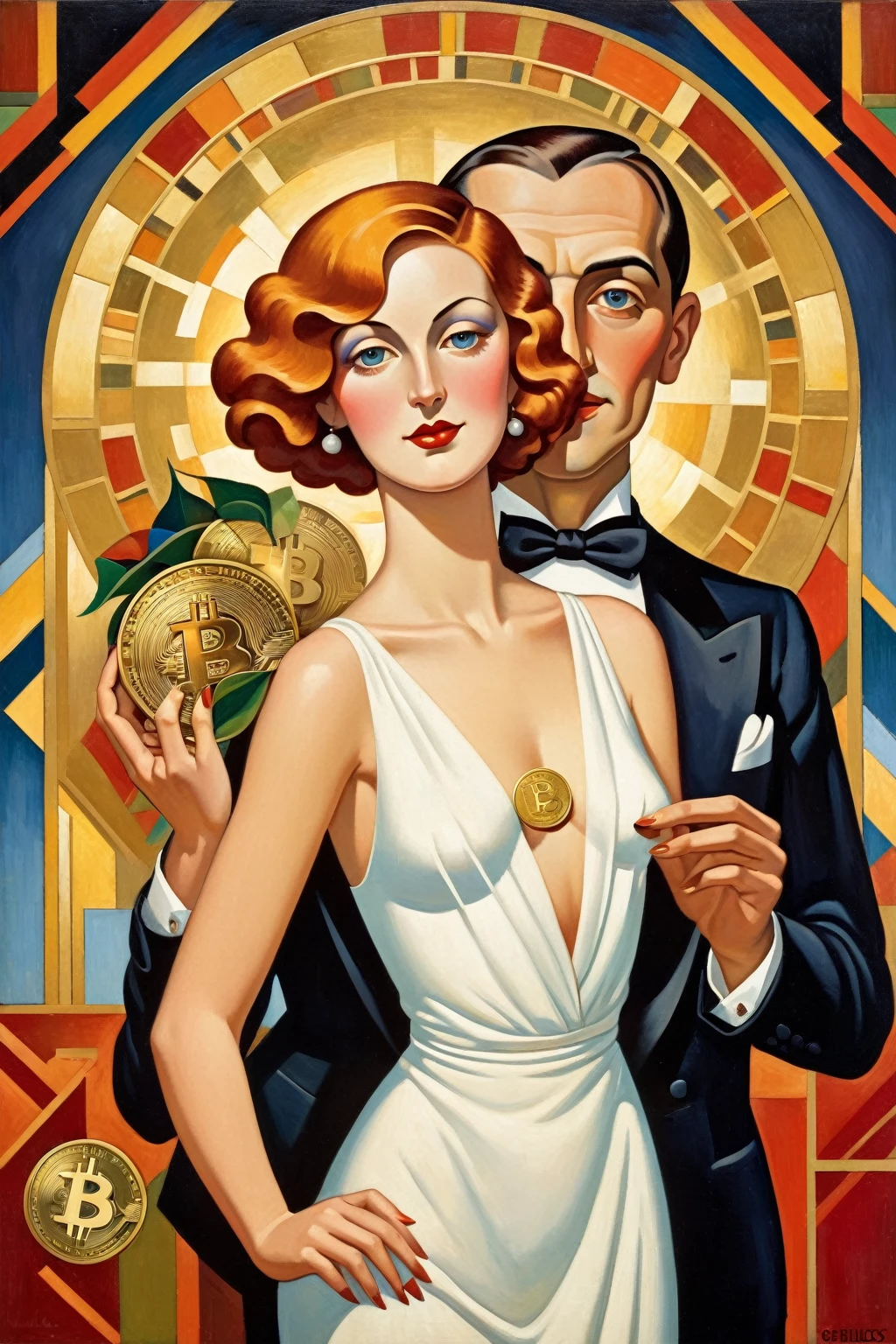 painting of a woman with a man in a tuxedo, art deco painting, stylised painting, art deco portrait, by Jean Metzinger, an art deco painting, by Fernand Pelez, art deco illustration, inspired by Moïse Kisling, georgy kurasov, bauhaus style painting, woman with blong hair and sexy white dress,a woman holding a gold coin of bitcoin