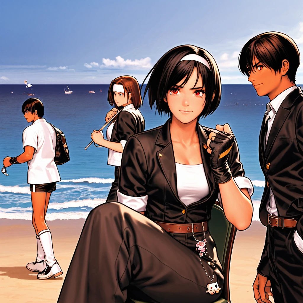woman,Crying face,Wiping tears,short hair,Black Hair,Dark Skin,Red eyes,(Rolled up sleeves black jacket),Fingerless gloves,White T-shirt,(White headband),Black Pants,White Boots,Brown belt,cute,Indoor Party,Charm point Charm point,Ocean View,My breasts are a little large,Outdoor,high quality,cool,Unconfident face,Classmate on the terrace(Girls and boys),care about,After the breakup,Sitting in a chair,