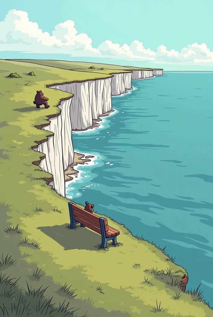 The picture shows a scenery in simple comic style. In the distance you can see a long cliff that stretches out over a sea. Under the cliff you can see a reef with water. A little further away from the edge of the cliff there is a bench on which a small bear is sitting. Behind him another bear runs towards him. 