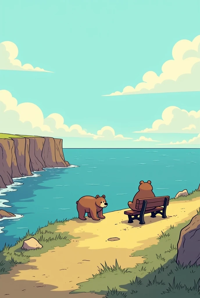 The picture shows a scenery in simple comic style. In the distance you can see a long cliff that stretches out over a sea. Under the cliff you can see a reef with water. A little further away from the edge of the cliff there is a bench on which a small bear is sitting. Behind him another bear runs towards him. 