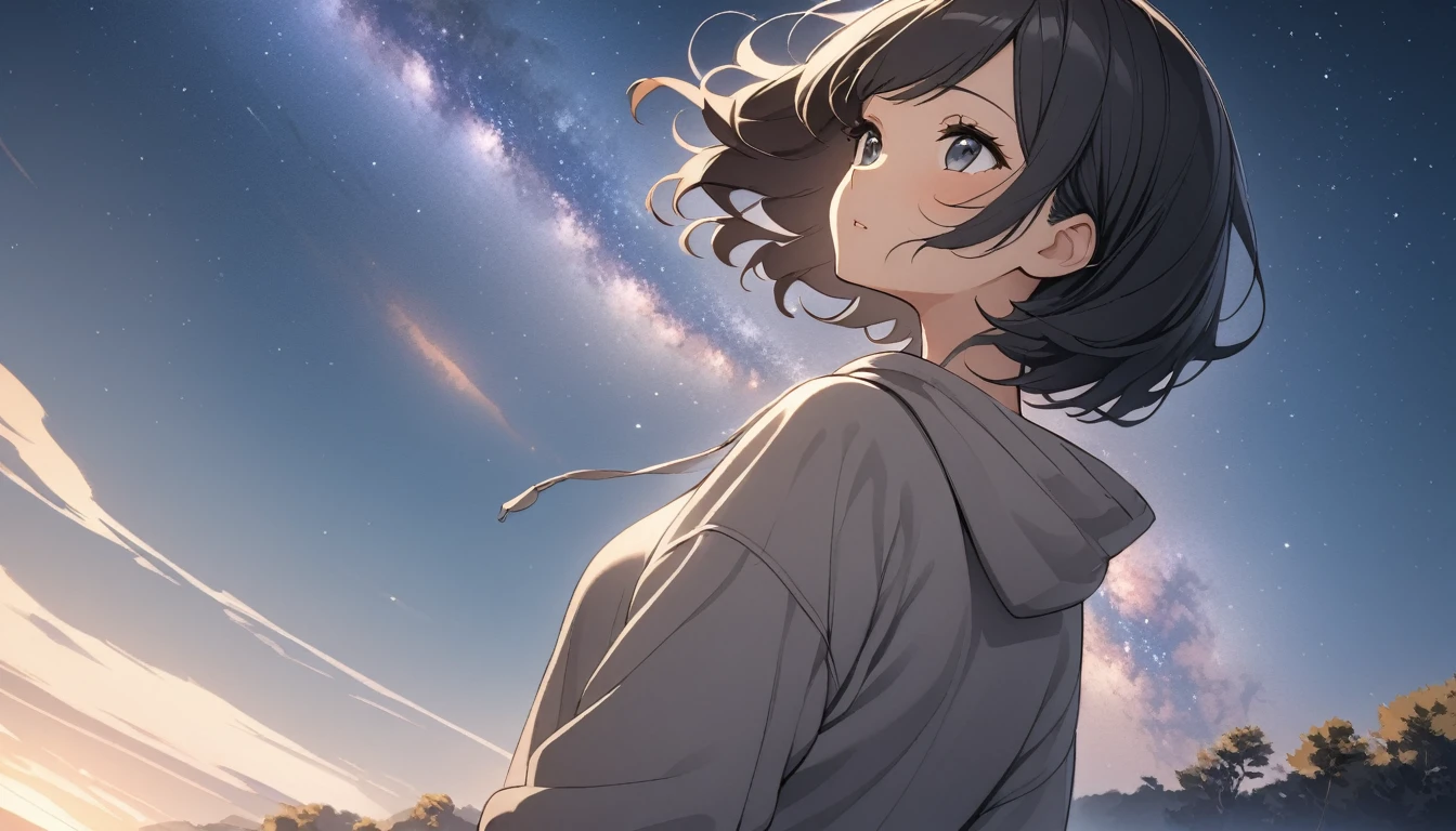 Starry Sky、milky way、One woman、Black Hair、Short Hair、Hair blowing in the wind、Wearing a hoodie、Back view、Upper Body、Low - Angle