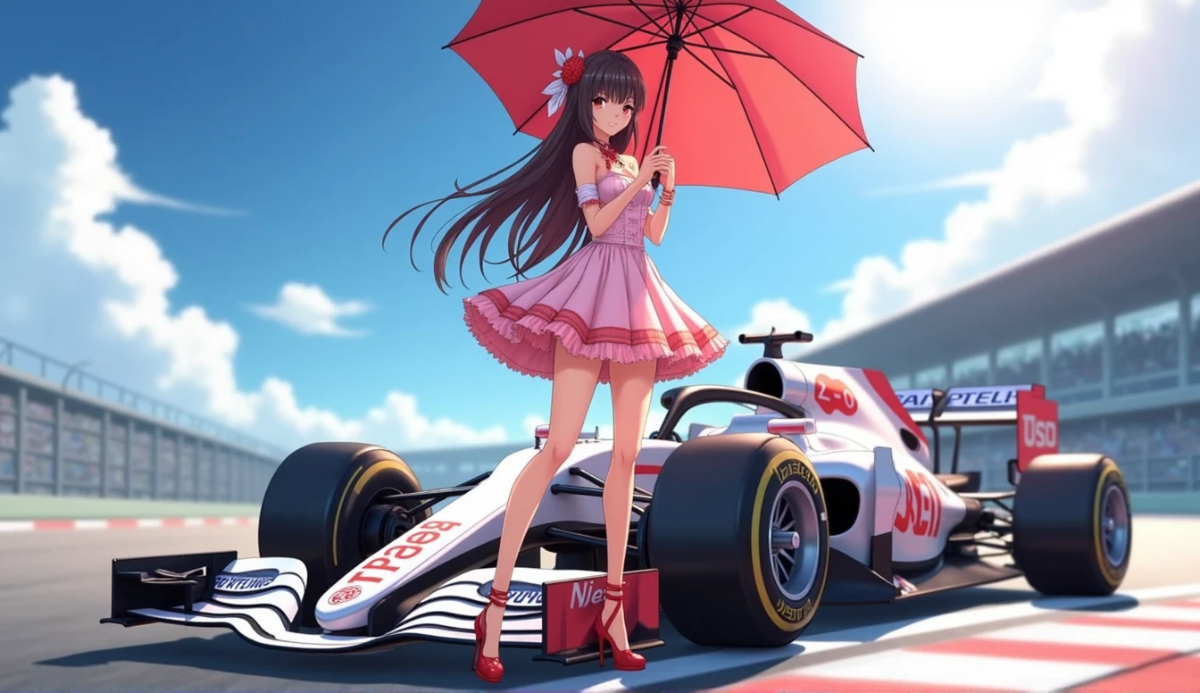 F1 Race Circuit。One young Japanese race queen。Standing with a parasol in front of a race car。The costume you&#39;re wearing、separate。I have a bangle on my arm。Background、Sparkling in the summer sun。Anime Style。Looking from afar。Beautiful legs are attractive。whole body。Wearing high heels