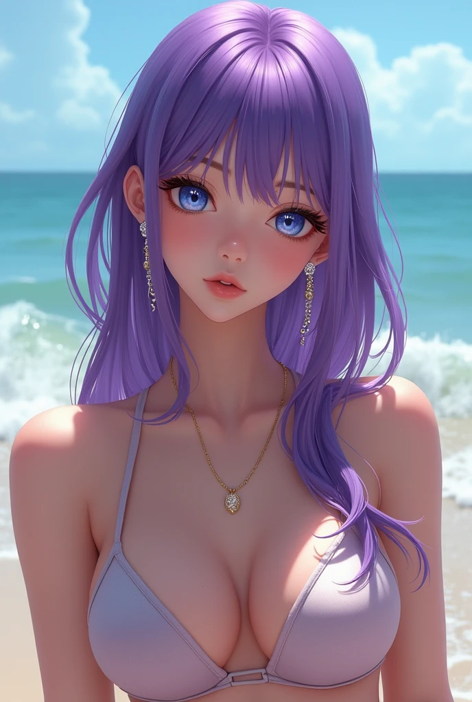 girl, purple hair, blue eyes!!!, color contact lenses, crystal earrings, heavy breathing, modern, Realism, UHD, masterpiece, super detail, gold small neckless, full body, at the beach, bikini, legs, white nails, no bones, ultra realistic, makeup, shiny hair,
