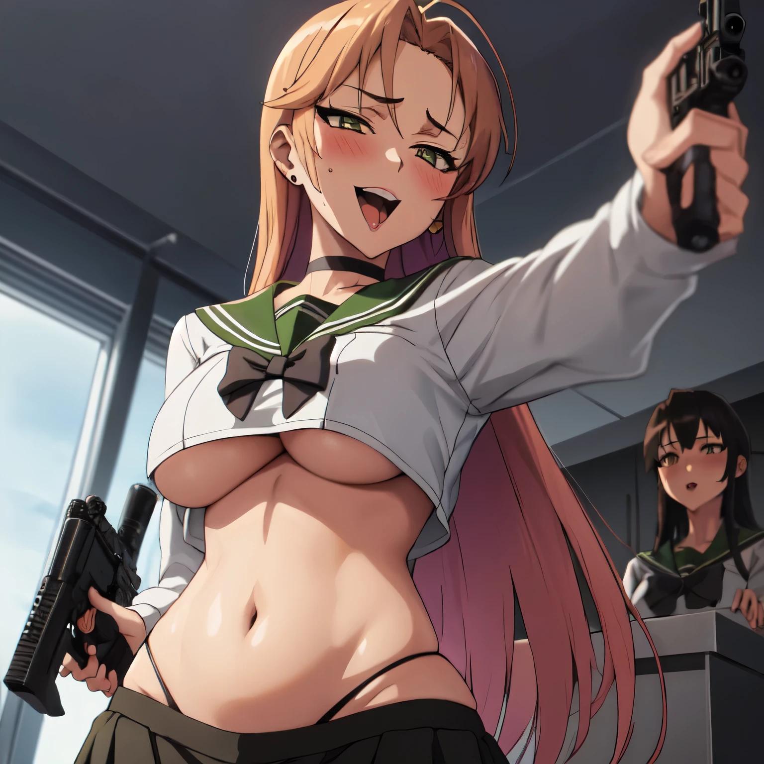 2girl, two girls, long hair, choker,
blush, lipstick,,jewelry, earrings, Hot girl, baddie, bad attitude, mean girl, crazy, smoking, sensual, attractive , masterpiece, best quality, highly detailed, a anime girls in sailor uniforms with a gun posing for a picture, evil smile, smile, open mouth,black_serafuku, ecchi anime style, anime girls , ecchi style, ecchi, shipgirls, digital anime art!!, high school girls, holding a gun, hold a gun, anime style 4 k, micro skirt, exposed belly, exposed navel, exposed midriff, holding pistol,underboob, exposed lower belly,school, classroom,,
