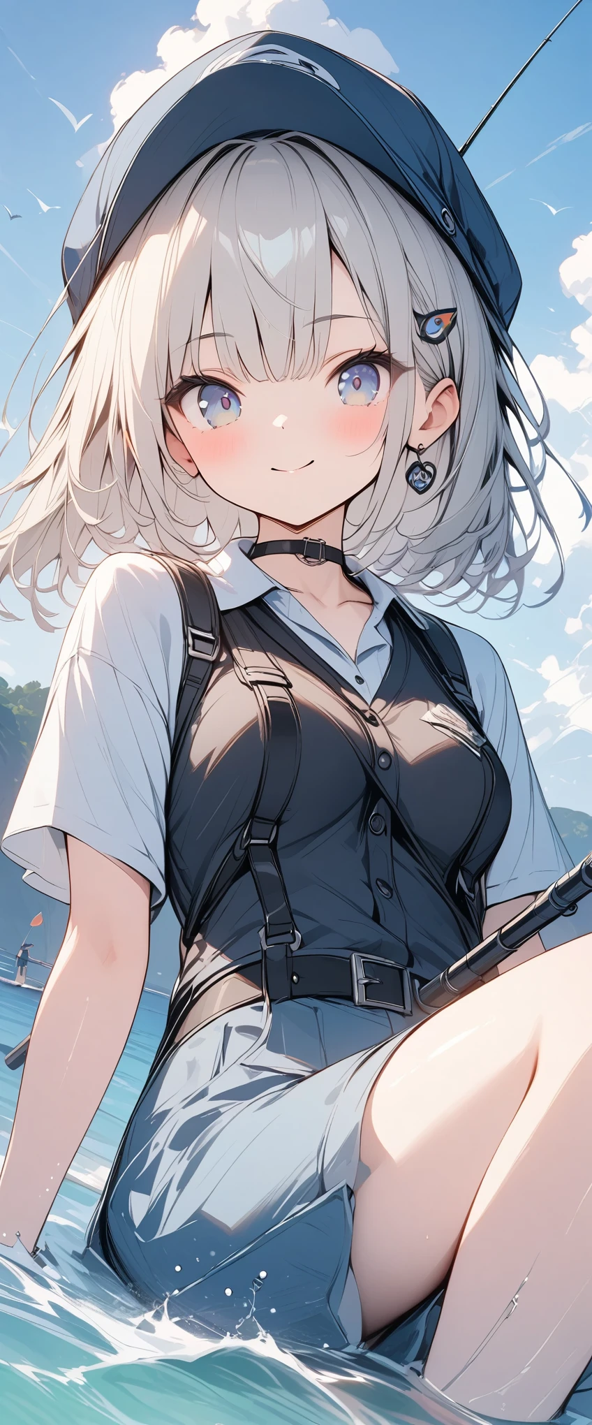 pale colour,((Amazingly absurd)),超High resolution, Attention to detail, high quality, High resolution, 最high quality, 4K, 8k, artwork,3dart,Summer breakwater、Girl Fishing、Black vest、cap、fishing rod