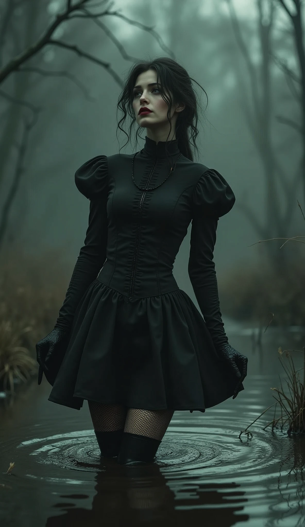 sephia, drama, stuck in bog,high-neck style, closed Puritan dress, short mini-dress, hips, high-neck dress, aristocratic hairstyle, stockings with garters, red lips, goth, aristocratic, gloves, monochrome