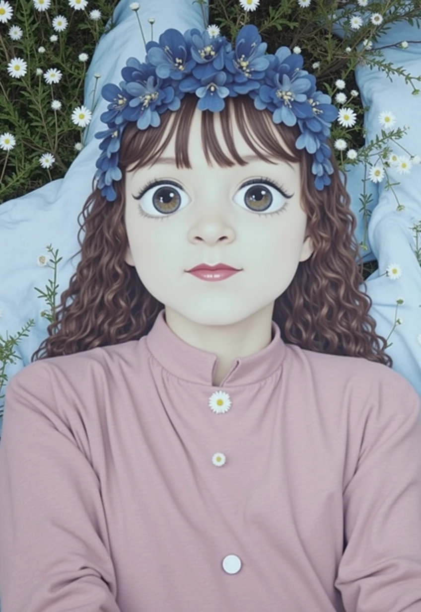 (girl:1.2),alone, (long ginger curly hair:1.1), brown eyes, Wearing a daisy wreath on your head, Sit in a daisy field, (fruit basket:1.1), blue shorts, red shirt,,raw,photographic,photo shadows,actual,Ridiculous,Aesthetic,elegant