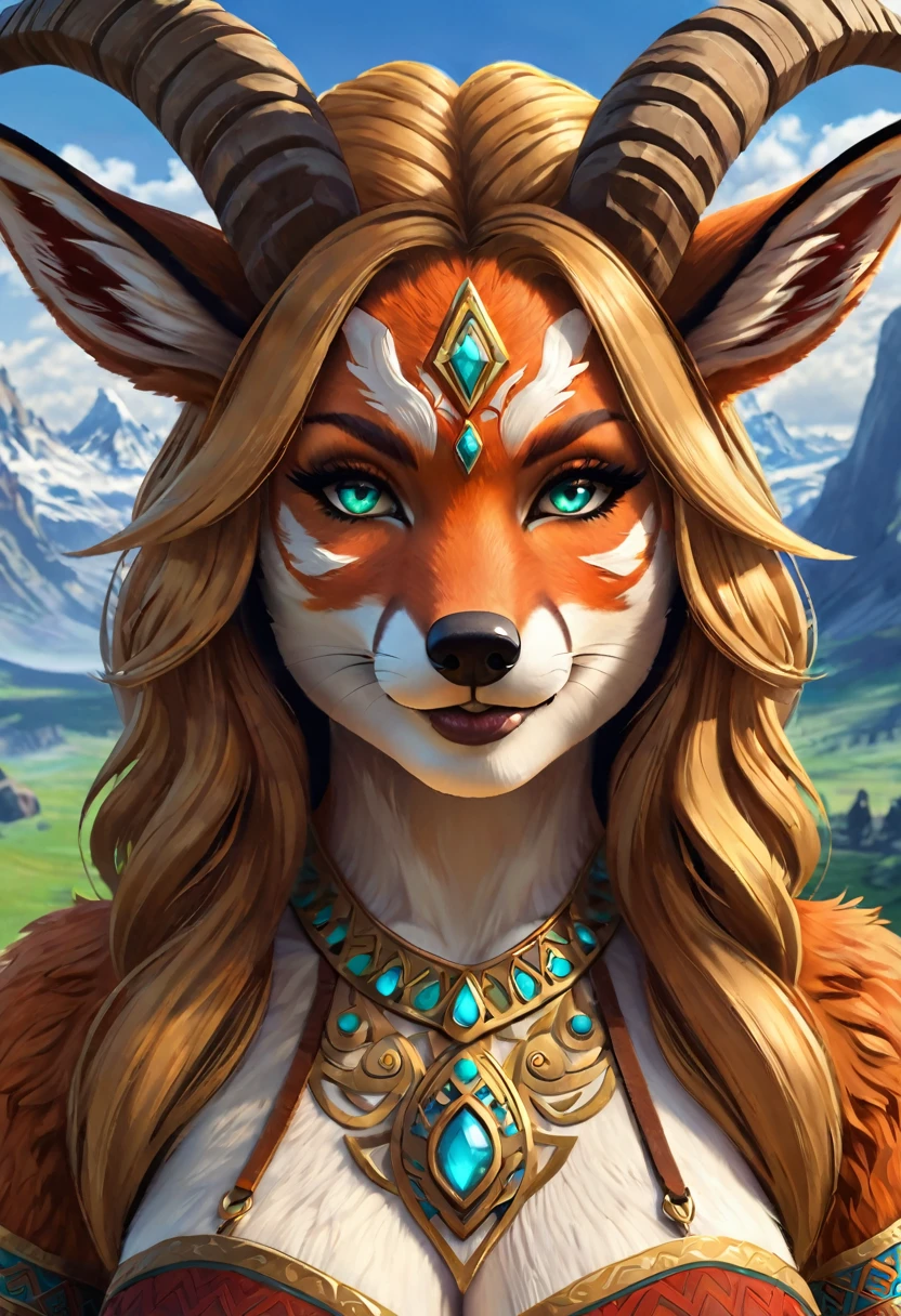 Anthropomorphic  feminine fox-satyr enchantress.  full body Official Art – An Award-Winning Digital Masterpiece In 4K Ultra HD, Extreme Detail And Intricate Realism. Symmetrical Face. This Concept Art Brought To Life By The Hands Of Artists Like Wlop & Artgerm In A Stunning 2D Vector Illustration. Breath of the wild. Background Is A Panoramic Vista.
