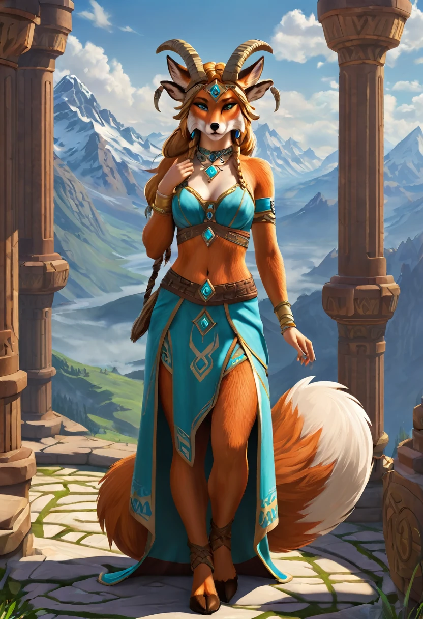 Anthropomorphic  feminine fox-satyr enchantress.  full body Official Art – An Award-Winning Digital Masterpiece In 4K Ultra HD, Extreme Detail And Intricate Realism. Symmetrical Face. This Concept Art Brought To Life By The Hands Of Artists Like Wlop & Artgerm In A Stunning 2D Vector Illustration. Breath of the wild. Background Is A Panoramic Vista.
