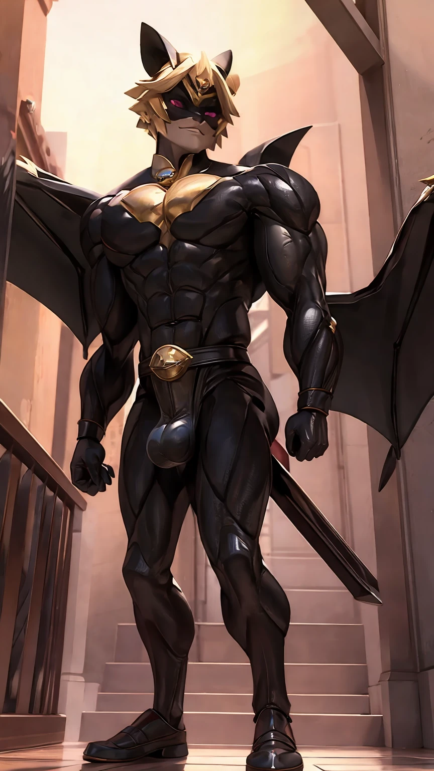Huge muscles,Devilish wings,Devilish horns,Clear liquid dripping from penis,black costume,Huge erect penis,Ready your weapon,Wearing an evil aura,Black light