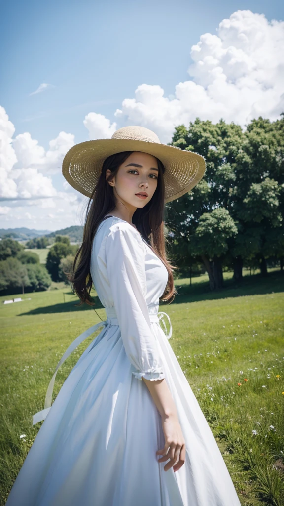 blue sky, There are some white clouds, Green pastures, a girl in a long dress, Roses in hand, wearing a wide-brimmed hat, the photo is a wide-angle side view, the color is pastel, Attention to detail, high quality, Super Detail, Anatomically correct
