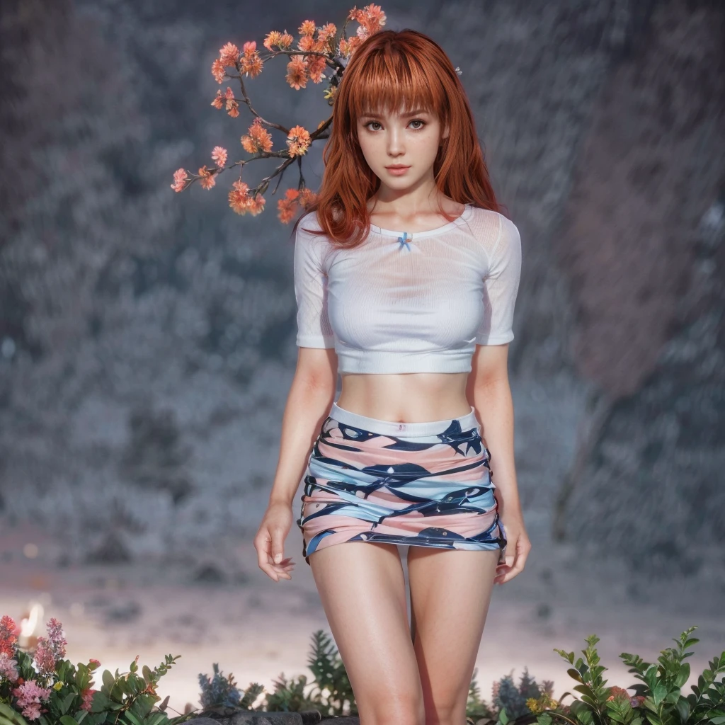 Kasumi, red hair, brown eyes, (best quality, ultra-detailed), (realistic:1.37), beautiful and detailed face, ultra-realistic texture, delicate face, delicate body, red lipstick, long-lasting colors. high definition, 8K.