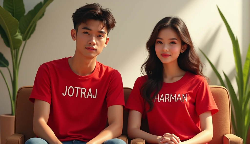 A handsome boy is sitting on a chair wearing a red t-shirt with JOTRAJ written on his belly a beautiful girl is sitting next to him also sitting on a chair wearing a red t-shirt and HARMAN written on his belly 