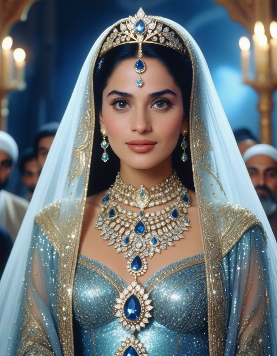 celestial and charming and beautiful and elegant Hazrat cinderella 1990 live - action movie first look, grainy, vhs filter, wearing glittery tulle cape and glittery tulle cloak as ancient and enigmatic muslim prophetess with irresistible holy aura, invites the wretched and beggers to islam and monothemism and allah, her jewelries and dress sparkles intensely shiny