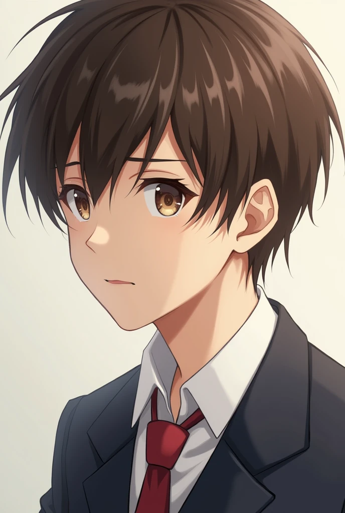 A  boy, She has brown hair, small eyes, and is wearing a school uniform. 