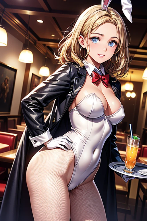 #Basics A girl is posing for a photo, (((One Girl))), (((Baby Face:1.4)) + ((cute:1.4)) + (())),
break
#Clothing Accessories
((Bunny Girl Costume) : (Glossy red leotard:1.1) + (Red bow tie) + (Red Bunny Girl Ears:1.1) + (White gloves) + (Fishnet tights) + (Shiny red high heels)),
(Gold hoop earrings),
break
#Features
((Blonde:1.2)) + ((Center-parted bangs + The forehead is visible + Very long side bangs)) + ((short hair) : Long Hair + Curly hair + Voluminous Hair),
((Droopy eyes:1.4, Big eyes:1.3), blue eyes), (Small breasts), (Neutral facial features),
break
#background environment
((Casino Hall)),
#Facial Expression Pose
((Wicked Smile)), ((With one hand on your hip、Pose of carrying drinks on a tray)),
#composition
((To the camera), (Angle from the front), (Character Focus), (Cowboy Shot)),
break
#Body parts elements
(Slim figure),
(Symmetrical facial features),
(Detailed Hair, Beautiful Hair, Shiny Hair),
(double eyelid, Long eyelashes, Thin eyebrows:0.5, Thin eyebrows:0.5),
(Expression of fine eyes, Beautiful and delicate eyes, Sparkling eyes, Eye Reflexes, Glitter Eyeliner),
(Human Ear),
(Beautiful Nose, Thin Nose),
(Glossy Lips, Beautiful Lips, Thick lips),
(Detailed skin, Textured skin, Beautiful Skin, Oily skin),
break
#quality
(((最高quality)), ((masterpiece:1.3)), ((Very detailed))), ((Ultra-high resolution)), ((16K)), ((1080P)), ((Full HD)),
((Anatomically correct)), ((Realistic)), (3DCG), ((Oil painting)),
((comics, anime)), (CG illustration), (RAW Photos),