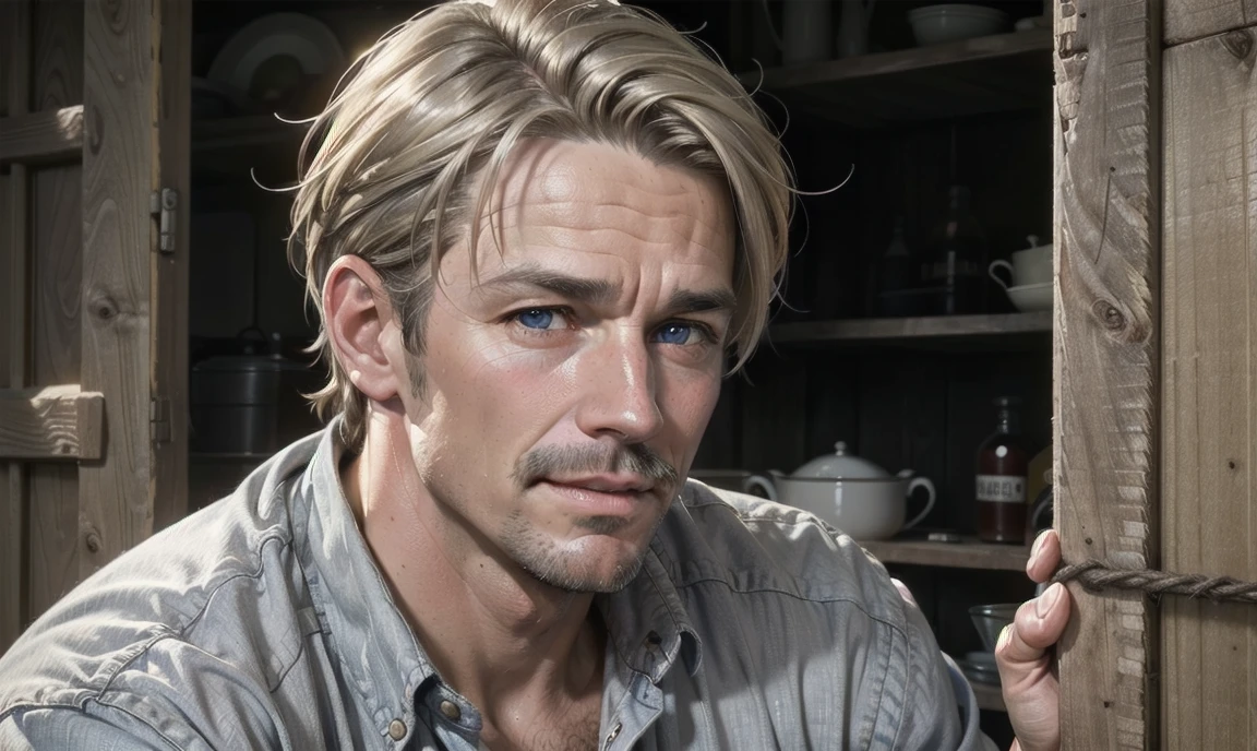 [((highly detailed, detailed eyes, detailed face, clear and realistic facial features, photorealistic, realistic light, cinematic)), (1 man), Mark is a handsome and alluring slender but muscular male farmer father aged 45 with short blond hair and a neat moustache and blue eyes and weathered skin wearing a flannelette shirt, ((sexy southern farmer)), ((greying blond hair)), (((weathered mature face))), (((Mark has a seductive smirking look on his face and a slight blush on his cheeks))), There is a charming yet dry southern farm in the background, ((sexual undercurrent mood))]