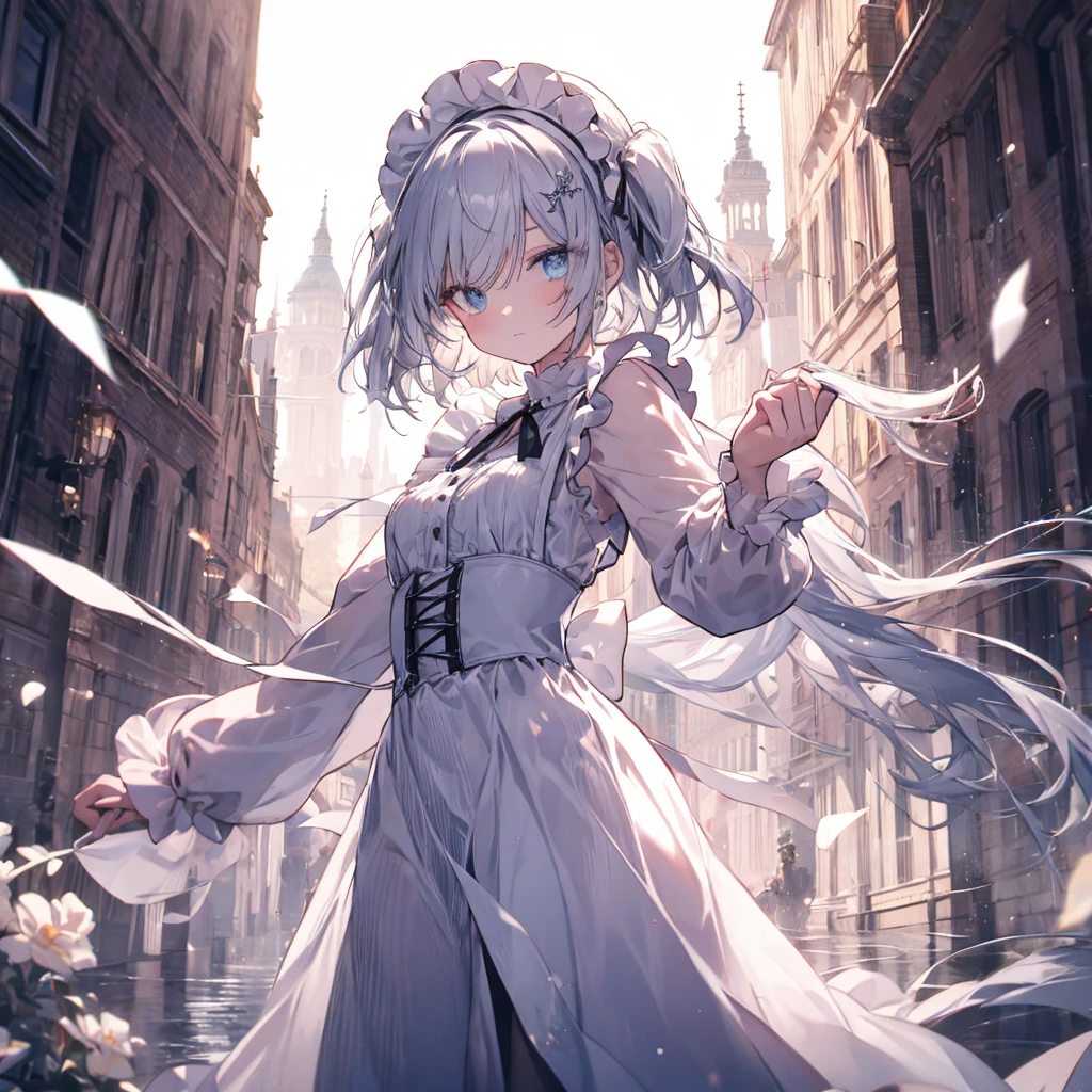 {{{Expressionless}}},{{{{One Woman}}}},{{{Age 35}}},{{{{{Mature Woman}}}}},{{{{{solo}}}}},small ,{{{{{Hide your hands}}}}},Maid clothes,Gothic Maid,Long skirt,Sharp medium long straight hair,Long sleeve,Long Bangs,Silver short-cut hair, Hollow Eyes,Highest quality,Delicate background,8k wallpaper,Frills,Super Detail,pastel blue eyes,Narrow eyes,beautiful buildings in london,{{{One Face}}},Two arms,2 Foot,{{{{{Have nothing}}}}},Perfect skeleton