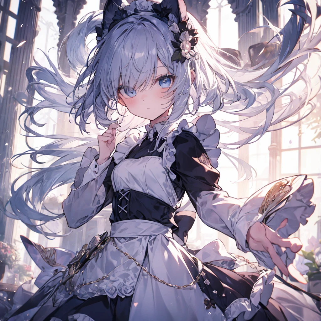 {{{Expressionless}}},{{{{One Woman}}}},{{{Age 35}}},{{{{{Mature Woman}}}}},{{{{{solo}}}}},small ,{{{{{Hide your hands}}}}},Maid clothes,Gothic Maid,Long skirt,Sharp medium long straight hair,Long sleeve,Long Bangs,Silver short-cut hair, Hollow Eyes,Highest quality,Delicate background,8k wallpaper,Frills,Super Detail,pastel blue eyes,Narrow eyes,beautiful buildings in london,{{{One Face}}},Two arms,2 Foot,{{{{{Have nothing}}}}},Perfect skeleton