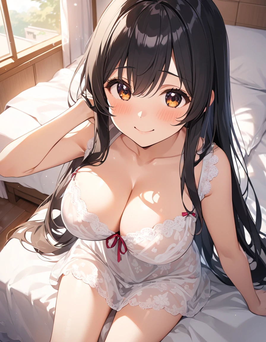 Girl,cute,cute,Chest to head,smile,Embarrassed,Straight Hair,Long Hair,Black Hair,Girl sitting,Bedroom,morning,sunny,big breast photos,From above,Look up here,looking at the camera,negligee