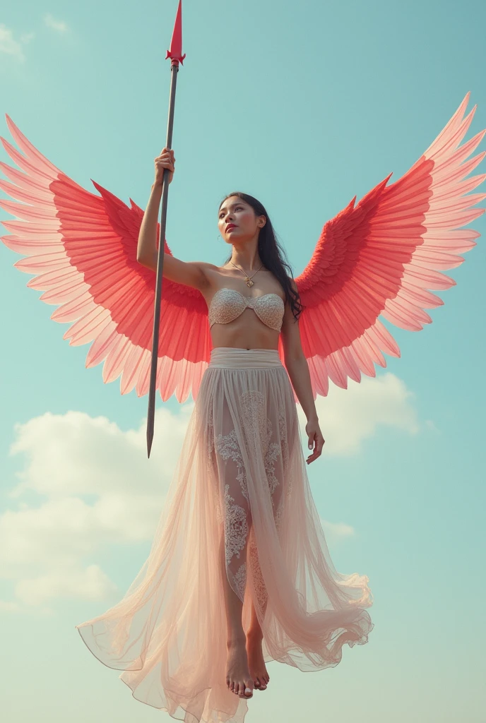  
Naked, nude, topless, A woman wearing a shawl made of used plastic, highlighting large and sexy breasts, soft transparent red and white colour with red and white motifs, with wings like Indonesian garuda, holding a spear, elegant minimalist classic design, wearing a very long white skirt with patterns, above the sky, flying, hovering, with a shooting angle from the front, very realistic, (complex detail: 0.9), (hdr, hyperdetail: 1.2), RAW, Sony Alpha a9 II, 24-105mm f/4, HDR,