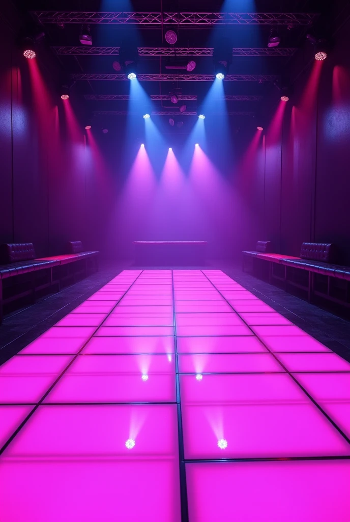 It can create a stage and dance floor environment, appealing, modern and following a modern lighting proposal, with strong colors like purple, Pink. A sophisticated track, large and that has some small benches on the side to put drinks on top. The dance floor can be illuminated.