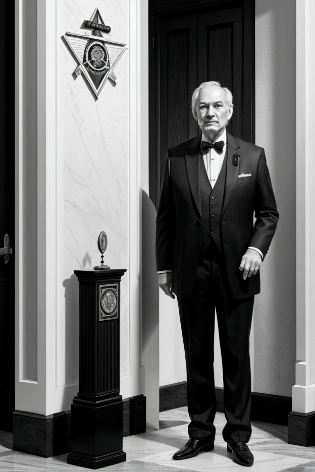 a realistic mid-aged man, wearing freemason clothes, inside a freemason temple, standing on a black and white squares ground