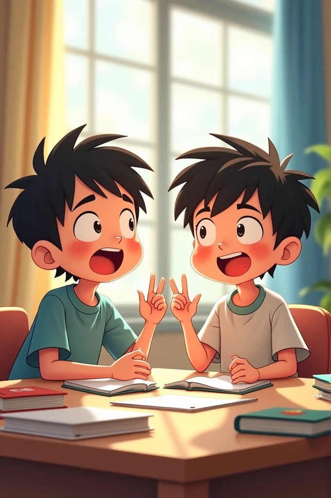 Two boys studying japanese in a desk happily animated for a post