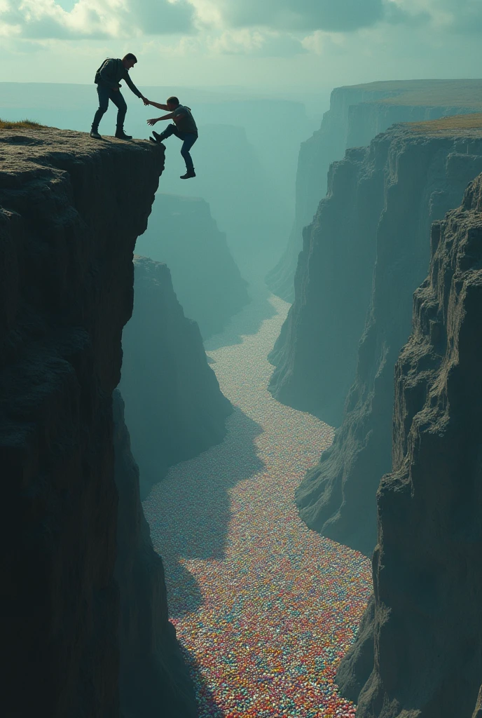 There's something like a sea of pills at the bottom of the cliff、There's someone about to fall off the cliff and someone trying to save them.。