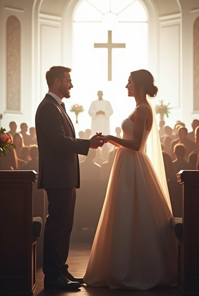 A pastor blessing a rich man marriage in a white background church with a lot of crowds