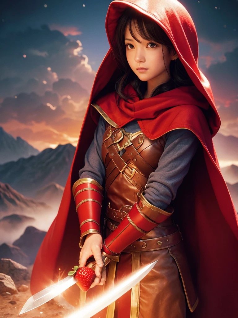 Dragon Quest Unemployed Brave Fighting sword magic beautiful beautiful AI Art Akira Toriyama 女のBrave 雷のmagicが放たれている Have strawberries Wearing a red hood and cloak