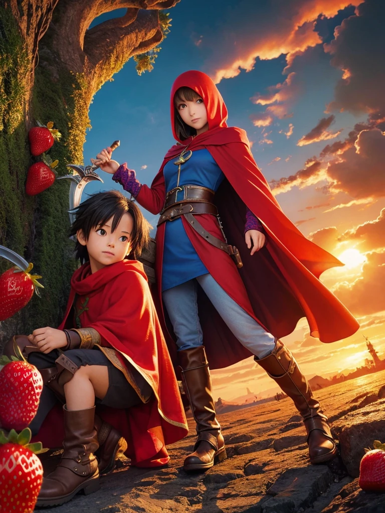 Dragon Quest Unemployed Brave Fighting sword magic beautiful beautiful AI Art Akira Toriyama 女のBrave 雷のmagicが放たれている Have strawberries Wearing a red hood and cloak