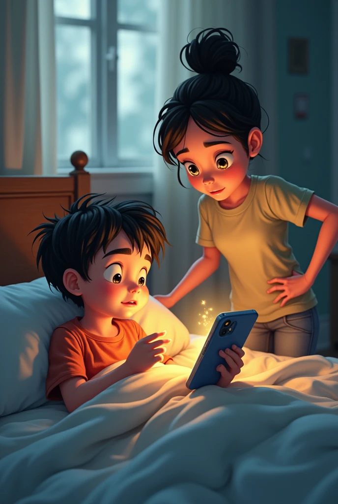 8 years boy who are getting late for school but he is  wasting his time by watching phone in his bed room his mother is scolding him but he is delaying in getting ready for school. 6 o clock in the morning is going on 