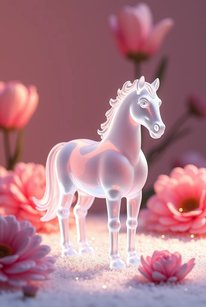 Q version of ice horse figurines,background love flower wall