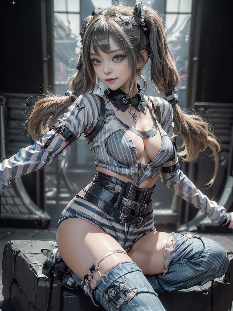 (Full body image:1.4)、(Side view:1.1)、(Smiling with teeth showing:1.3),(Shibuya Gal:1.5)、(Fashion in the style of Gothic ta:1.5)、(Punk rock visual kei:1.5)、(Wearing a rhythmic gymnastics bodysuit with intricate details:1.4)、(Elaborately decorated white racing suit and pants, Denim and Charcoal:1.5)、(Denim and light blue and white boots:1.3)、((belt))、(A number of subtle logos are featured throughout the costume々:1.4)、(collar:1.3)、(Striped underwear:1.5)、20-year-old、Browsing Caution、((Highest quality、In 8K、masterpiece:1.3))、Sharp focus:1.2、(Layered Cut、Huge boobs:1.1),Beautiful woman with perfect figure:1.4、(Dance vigorously:1.3)、Slim Abs:1.2、Highly detailed face and skin texture、Detailed eyes、double eyelid,(Twin tails:1.3)、(Brownish golden hair:1.3)、Idol Sculpture、(The background is the stage for a fashion show:1.3)、(The body is slim:1.3),(Slimming your legs:1.4),(clavicle:1.1)、(Thin and slim thighs:1.3)
