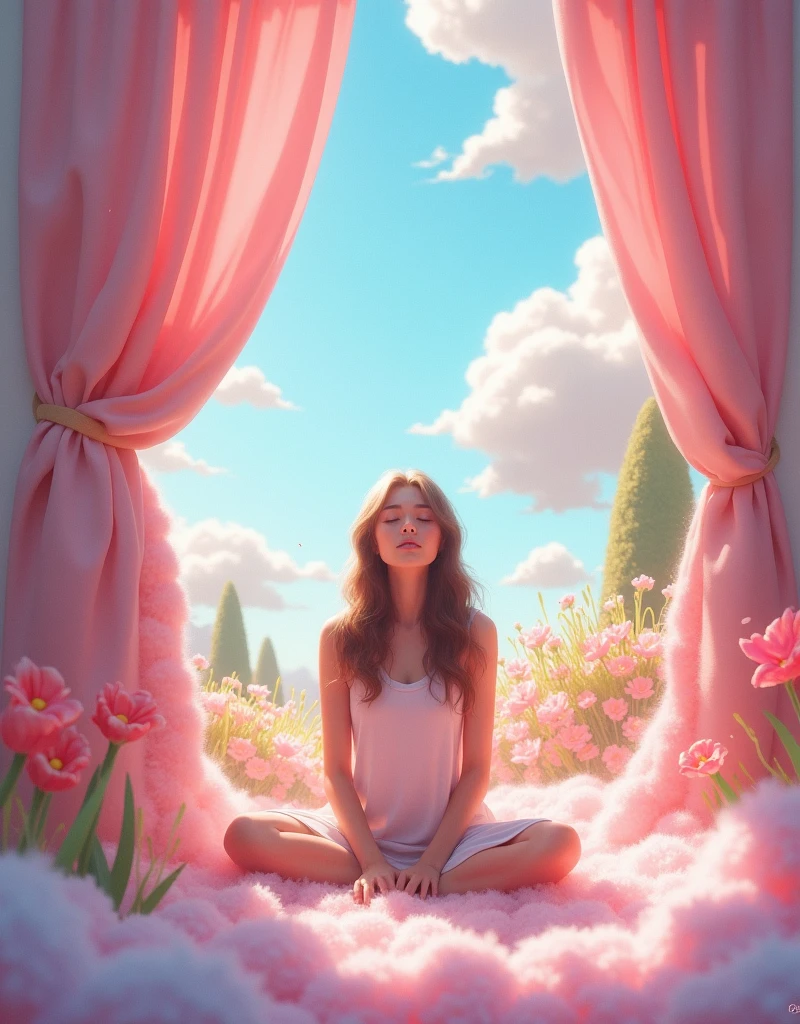 ((Digital Art), pastel colour, Rainbow-colored, Fluffy Skylight Garden, landscape, interpretation of Digital Art, quirky atmosphere, Dreamy colors, Restful rest, A fun daydream. Visual Art Style: Step into whimsical and fascinating territory with Digital Artist Isabella Cruz, Known for his captivating works. Isabella's Digital Art presents a woman reimagined through an artistic lens. The pastel colours and soft brushstrokes create a sense of peace and tranquility., Bring viewers to a dreamy atmosphere. Woman daydreaming in a pleasant moment, Relaxing by the window. Isabella&#39;のVisual Art Styleは、Inviting the viewer into a world of imagination and silence.。, A place where feminine fluffiness is a source of comfort and joy. Her work captures the essence of innocence and the joy of Restful rest. Whimsical dream landscape,Rest comfortably on the curtains. 🖼️🐾🎨✨🌈