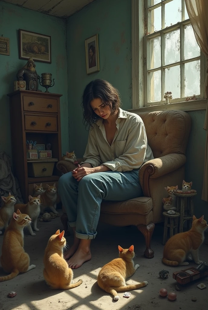 I would like to create a depressed woman with a lot of cats and homeless people staying at her house.