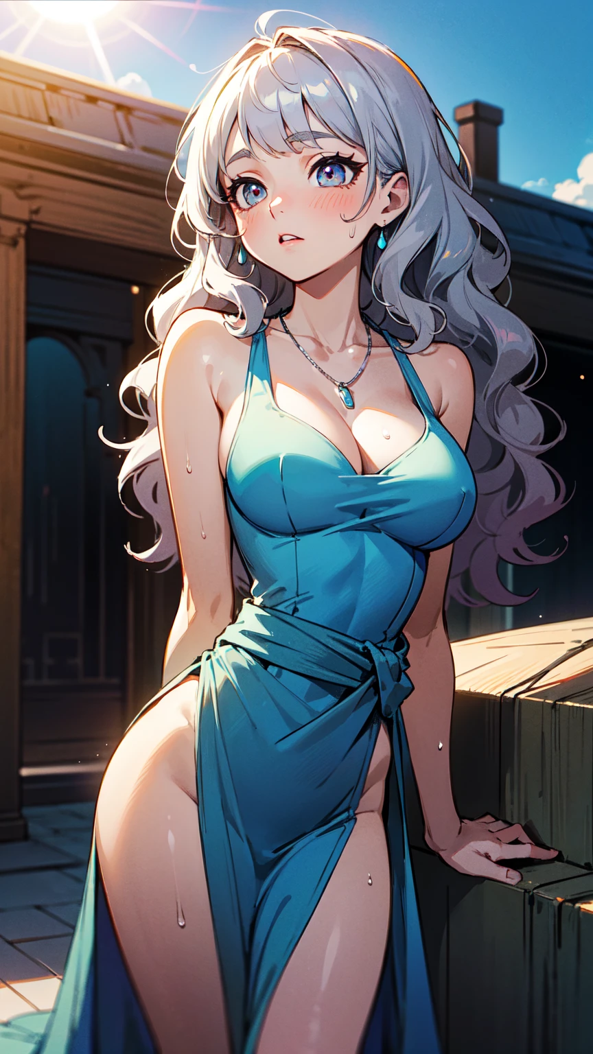 woman, solo, Mauve Hair, Long hair that reaches down to the waist, ((Wavy Hair)), Trimmed bangs, Clear skin, large breasts, Narrow waist, Posing with the back of the hand resting on the waist, Big eyes, Rainbow Eyes, A one-piece dress cinched at the waist, bare shoulders, Light blue dress, Daytime, Blue sky, Shining Sun, Large Entrance Clouds, Backlight, Looking up at the sky, Dripping Sweat, A chest that reveals the collarbone, Silver thin necklace,
