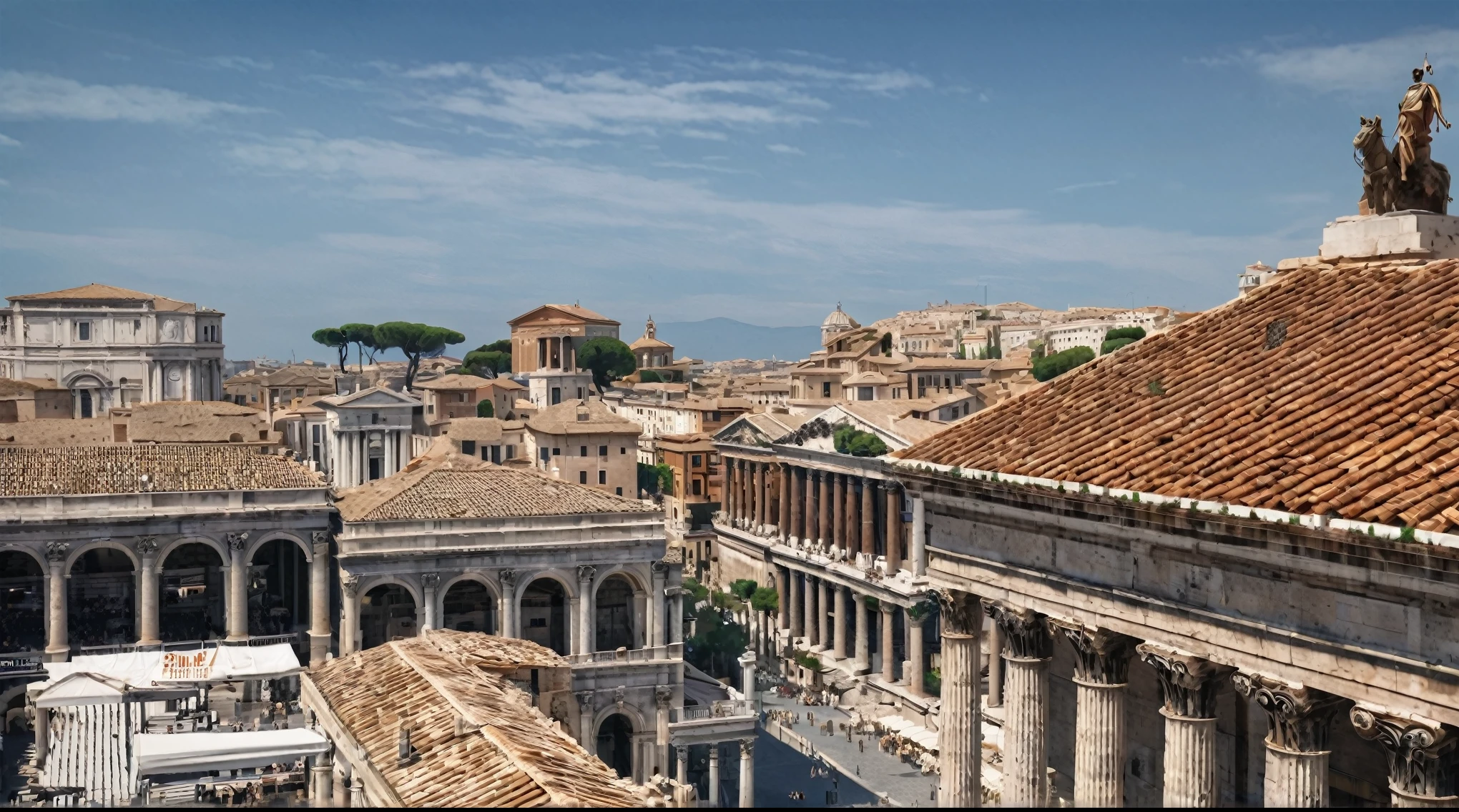 there is a view of a city with a clock tower and a building, roman city, old roman style, ancient roman style, market in ancient rome, ancient rome, surrealistic roman architecture, ancient marble city, roman architecture, ancient greek city, ancient roman setting, roman style, roman, ancient city landscape, renaissance port city background, rome backdrop