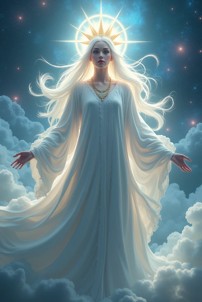 Glowing white hair, eyes of flame, white robe, face bright as the sun, crown of seven diadems, cosmic scene.