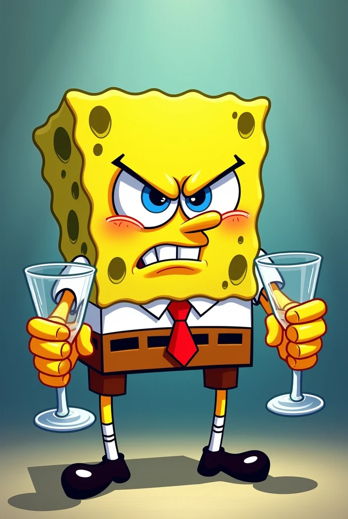 Spongebob hold alcohol glasses and angryface