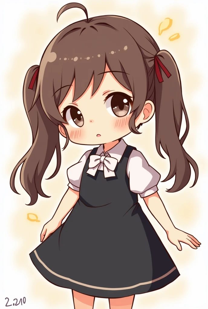 a girl, with long brown hair and pigtails with a light fringe wearing a black dress and a white bowtie, cute cartoon style