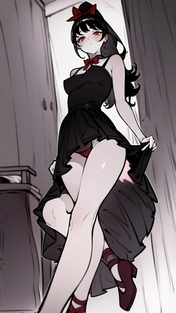 using pantimedies, wavy black hair, piercing look with deep red eyes, average stature, Silky hair with a ponytail hairstyle collected with a red bow with two white lines, with clothes, has a vagina, has breasts, cup of breasts, small breasts, slim, foreground, Session, sitting in her room, standing in his room, wearing pantyhose, using pantimedies, Picardias, short skirt, shoes, blouse with straps, blush, opening her legs making her panties visible, open legs, perfect white panty, Skirt fluttering in the wind, grabbing the skirt with both hands, from below, chubby thighs, big thighs, big ass