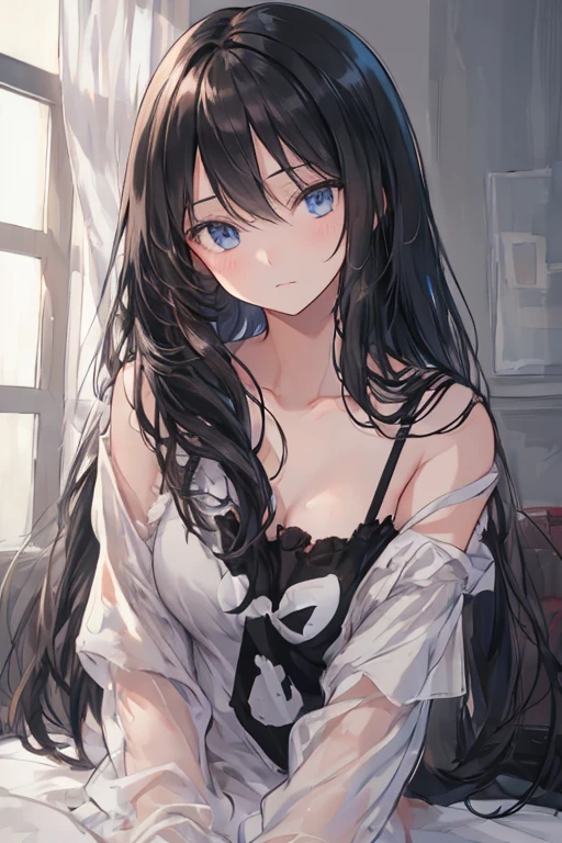 a girl with long black hair lying on a bed in a cozy one-room apartment, wearing casual clothes with messy hair, a slightly shy expression, swaying curtains and sunlight streaming in, illustration, high resolution, best quality, 8k, hyperrealistic, masterpiece, dramatic lighting, detailed facial features, beautiful eyes, elegant pose, soft colors, atmospheric, photorealistic