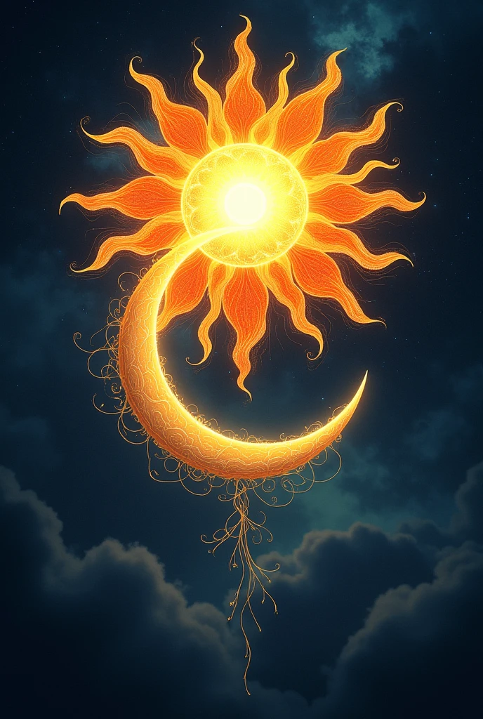Sun and moon intertwined: A design where the sun and the moon embrace, with the tips of the sun's rays intertwined with the curves of the crescent moon.