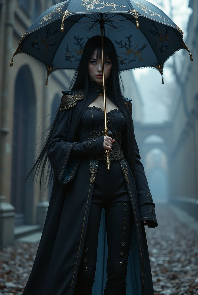 A tall women with long black hair and blue eyes, wearing a black fontainien clothing style with pants little gold and jewelry on her clothes and not too much skin showing. Shes a miltary force but she wairs a uniform with much gothic detail and not showing any skin. Has a lifeless or cold face and the place around her is dark lifeless. She wairs a black umbrella with a gold Frame and blach blue cherryblossom designe. In genshin impact desgine.